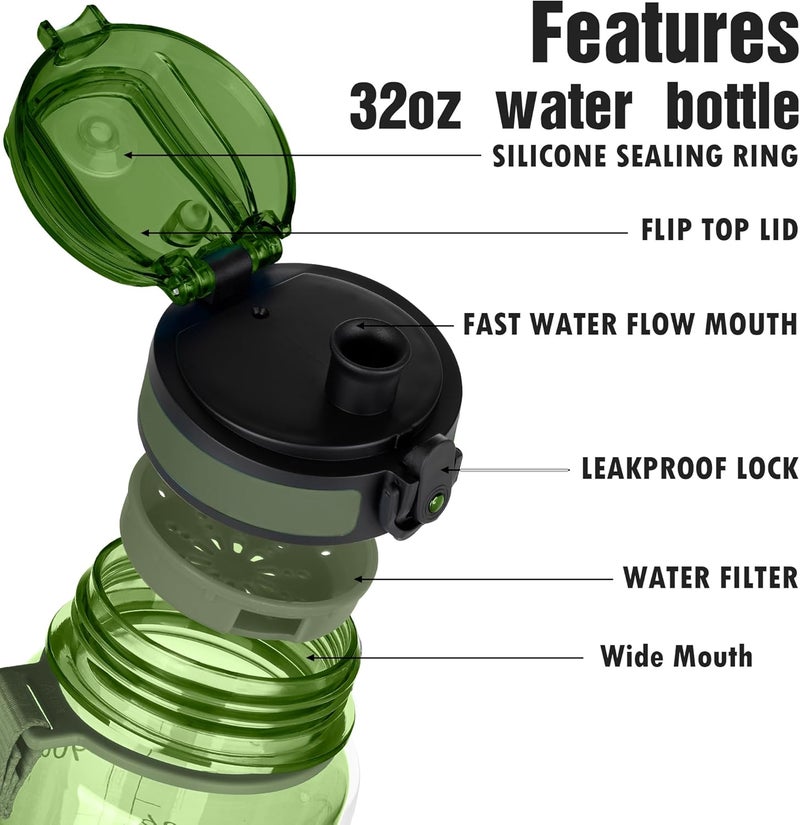 OLDLEY Water Bottle 32oz, Durable and Leakproof Water Bottles Motivational with Time Marker, Tritan, BPA Free, Wide Mouth, Gym, Travel, Home, School, Office, Olive (1 Bottle) - Image 5